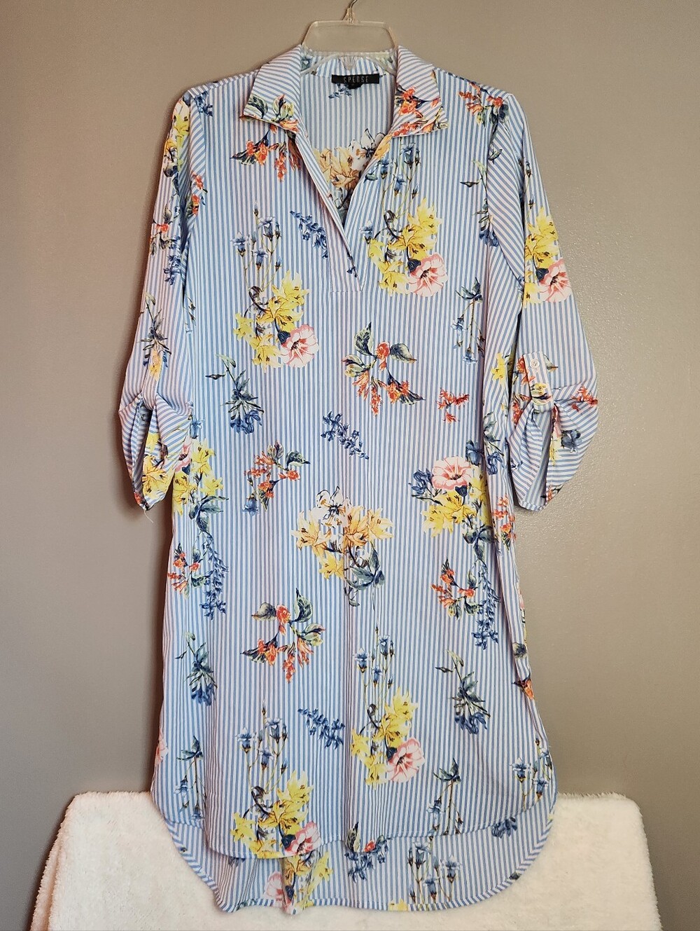 Spense Blue Stripe Floral Tunic Dress with Yellow & Pink Flowers